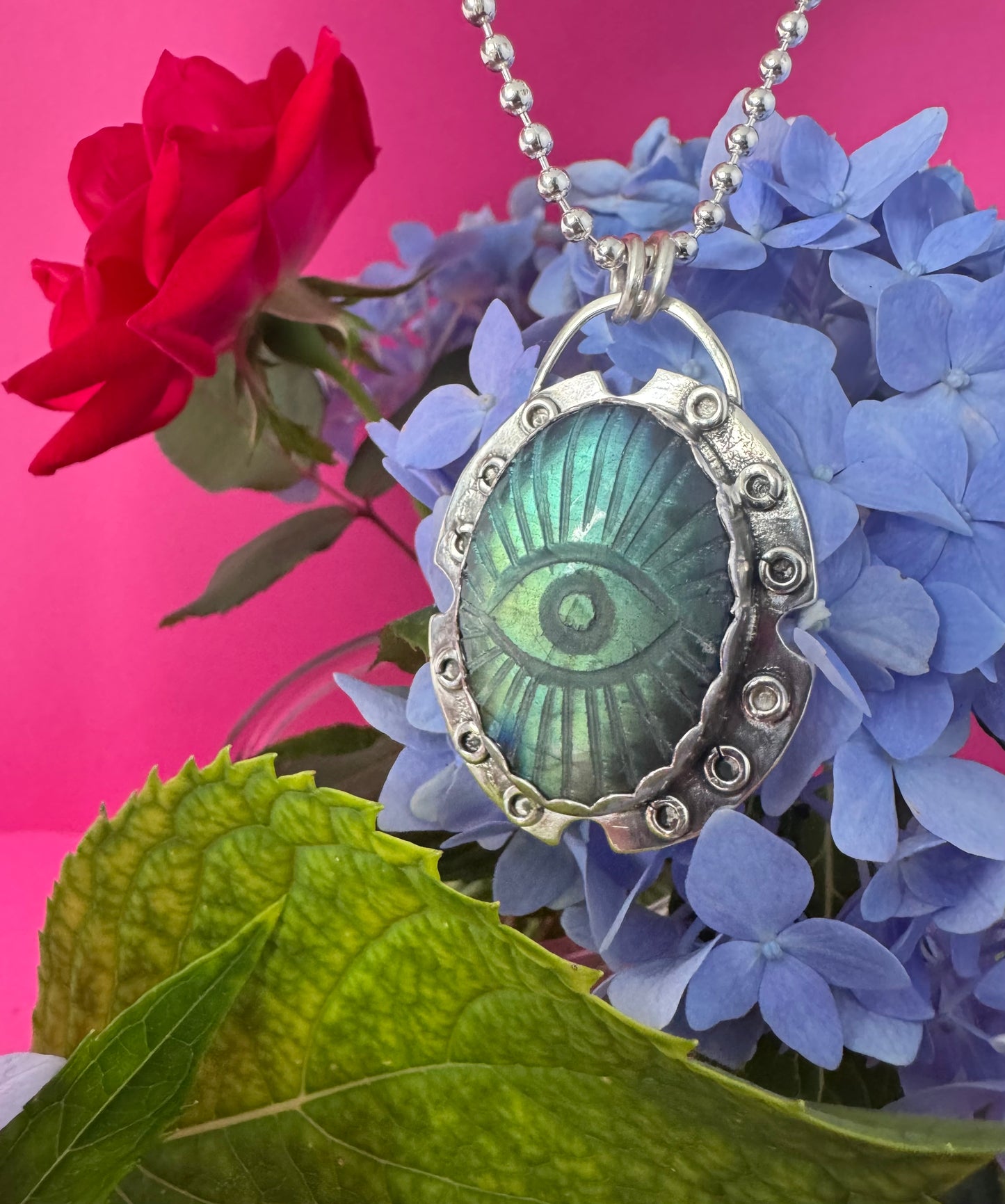 Flashy Labradorite Carved Evil Eye & Sterling Silver Necklace