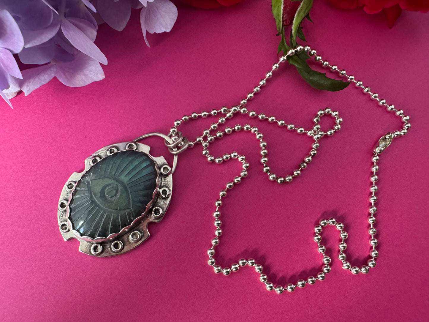 Flashy Labradorite Carved Evil Eye & Sterling Silver Necklace