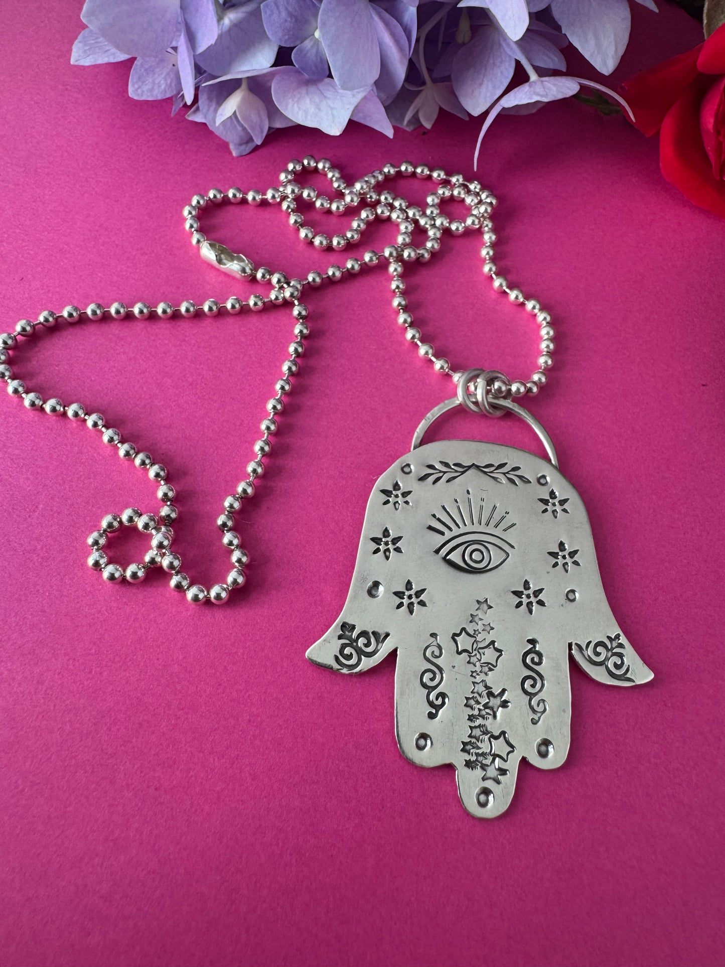 Sterling Silver Stamped Hamsa  Hand Necklace