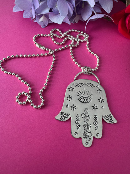 Sterling Silver Stamped Hamsa  Hand Necklace