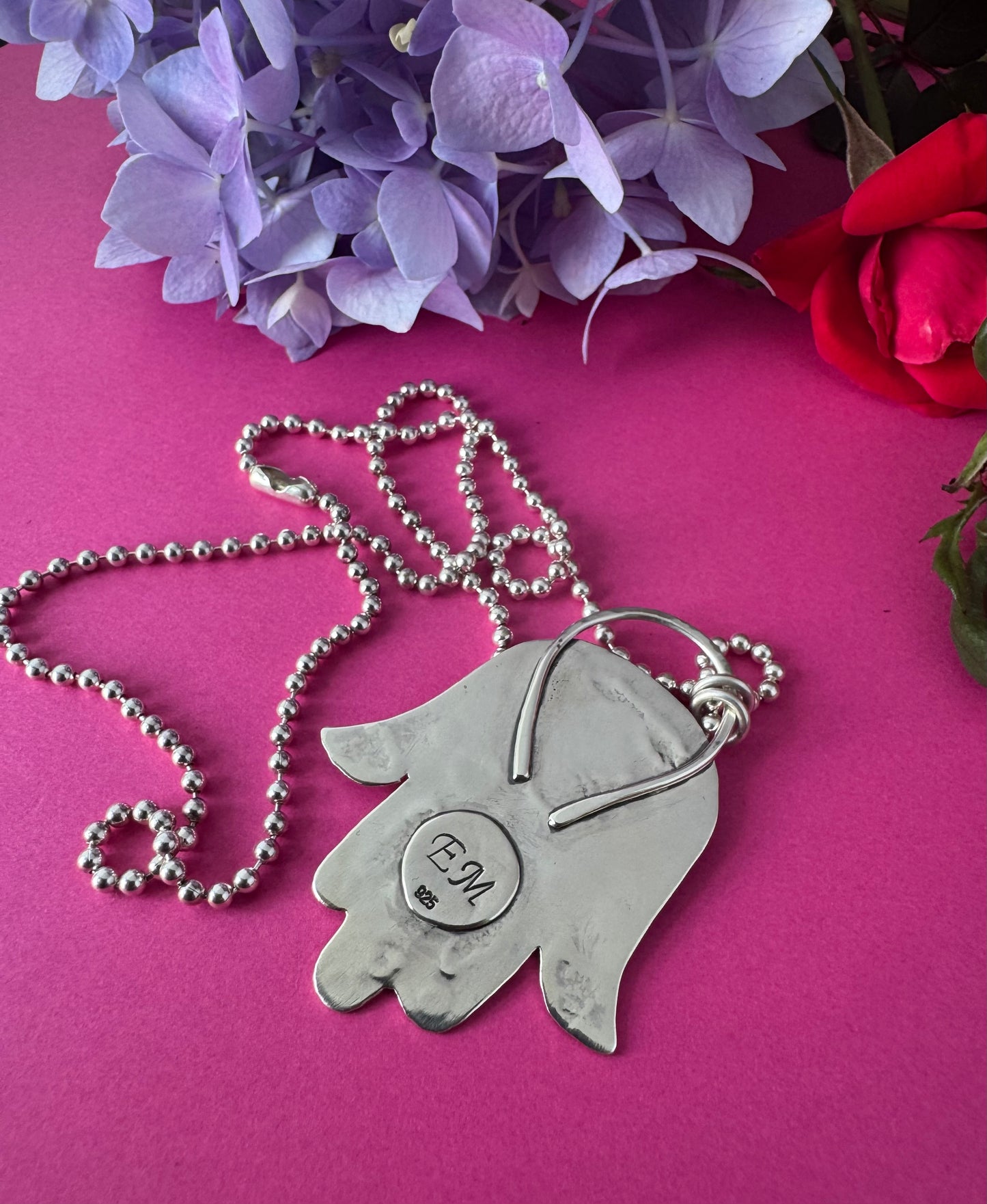Sterling Silver Stamped Hamsa  Hand Necklace