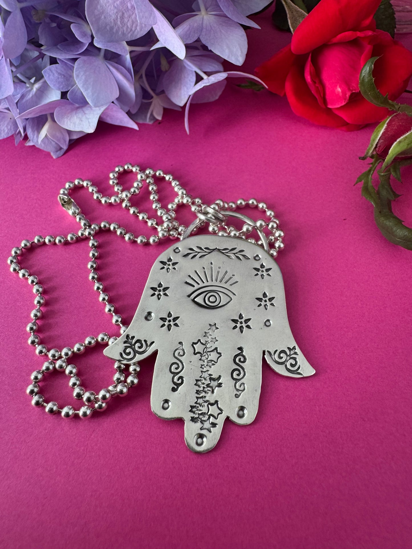Sterling Silver Stamped Hamsa  Hand Necklace