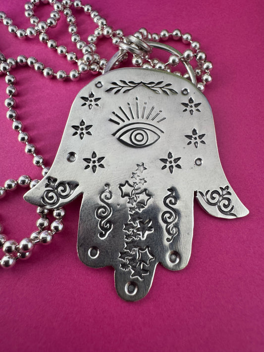 Sterling Silver Stamped Hamsa  Hand Necklace