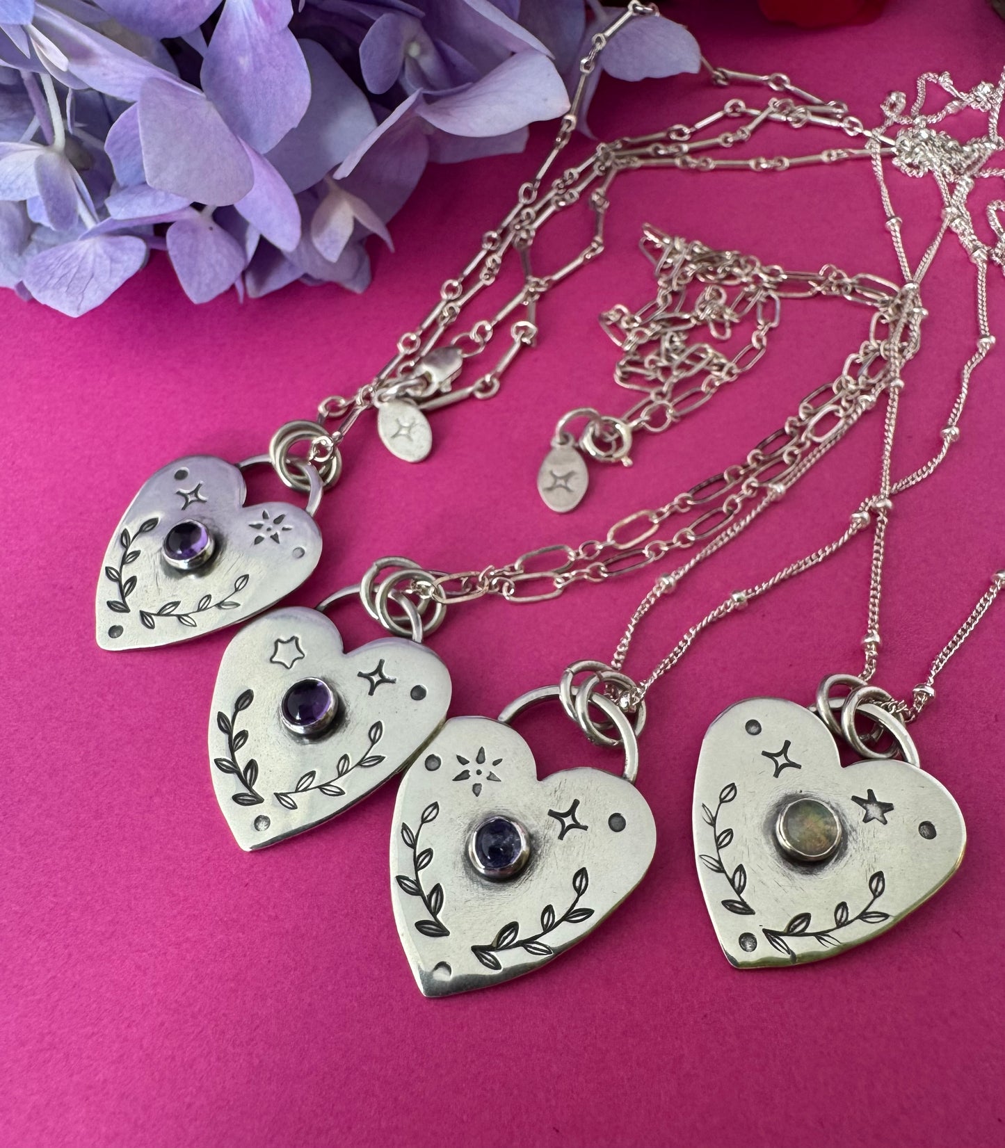 Little Stamped Heart Sterling Silver & Gemstone Necklaces