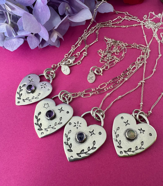 Little Stamped Heart Sterling Silver & Gemstone Necklaces