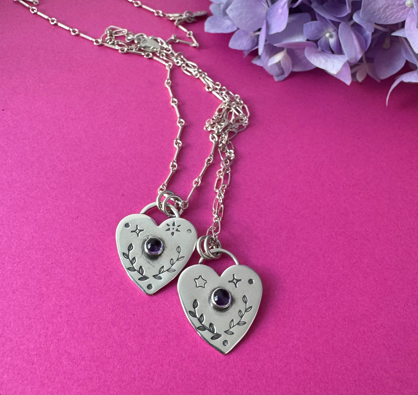 Little Stamped Heart Sterling Silver & Gemstone Necklaces