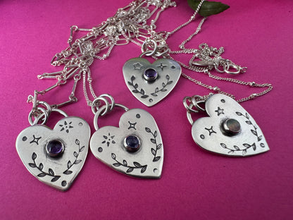 Little Stamped Heart Sterling Silver & Gemstone Necklaces