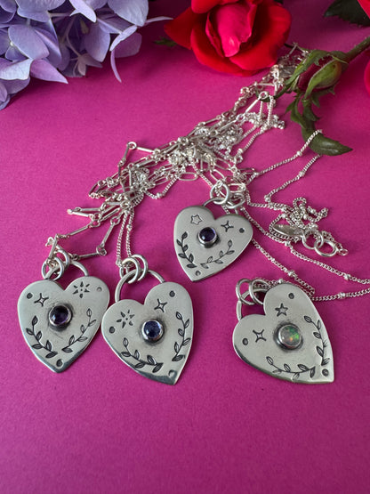 Little Stamped Heart Sterling Silver & Gemstone Necklaces