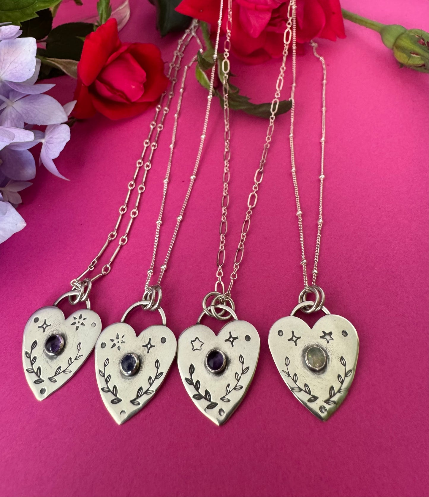 Little Stamped Heart Sterling Silver & Gemstone Necklaces
