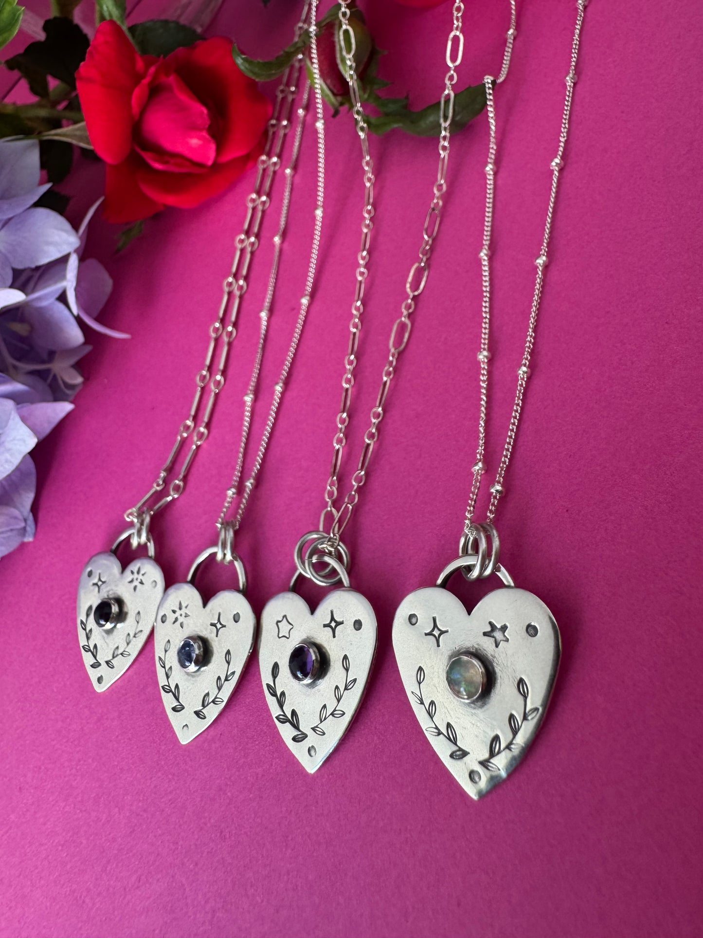 Little Stamped Heart Sterling Silver & Gemstone Necklaces