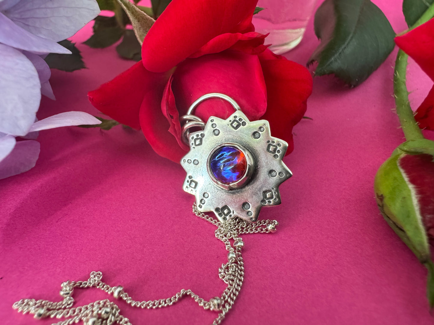 Sterling Silver & Dragon’s Breath Glass Sun Necklace