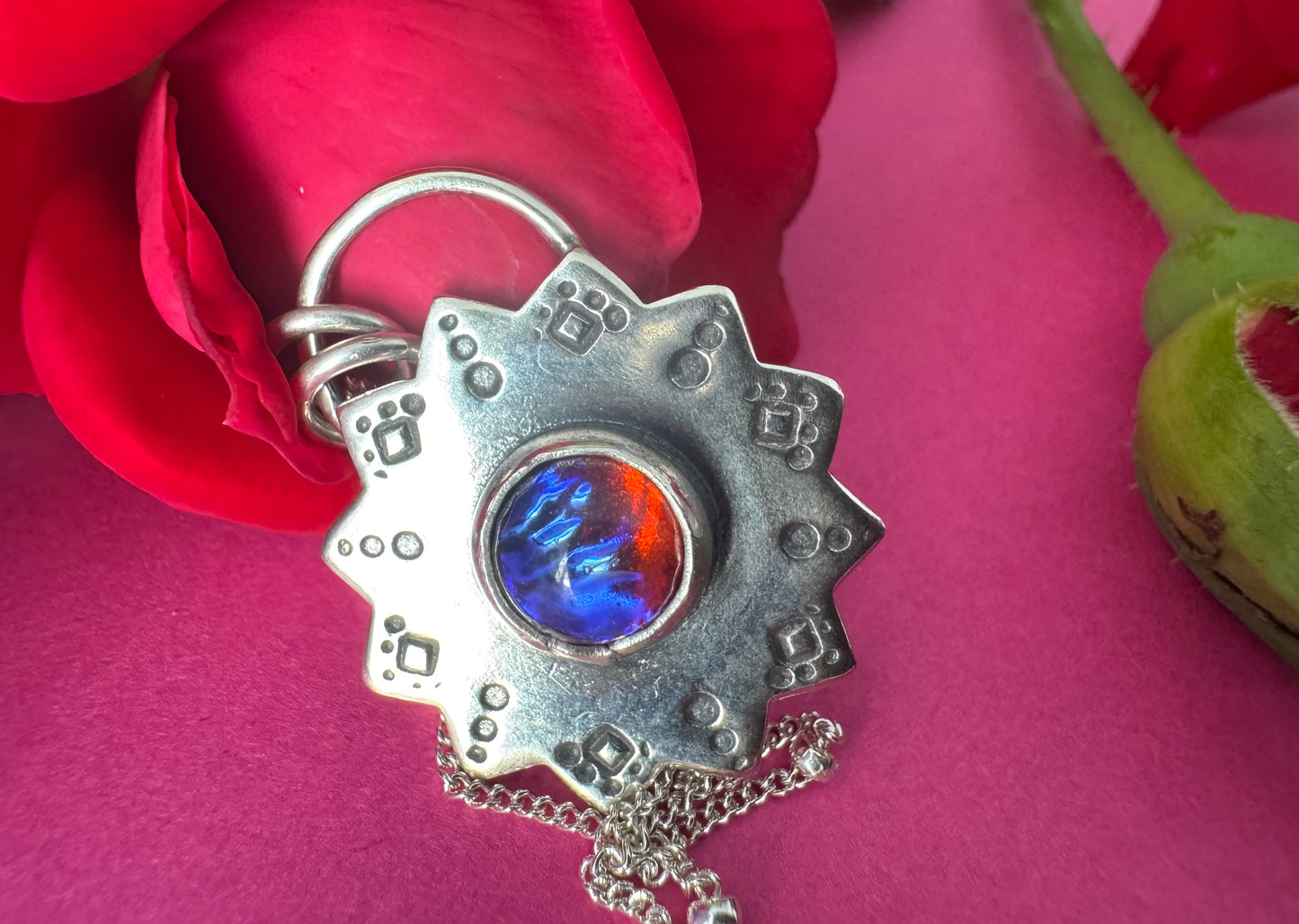 Sterling Silver & Dragon’s Breath Glass Sun Necklace