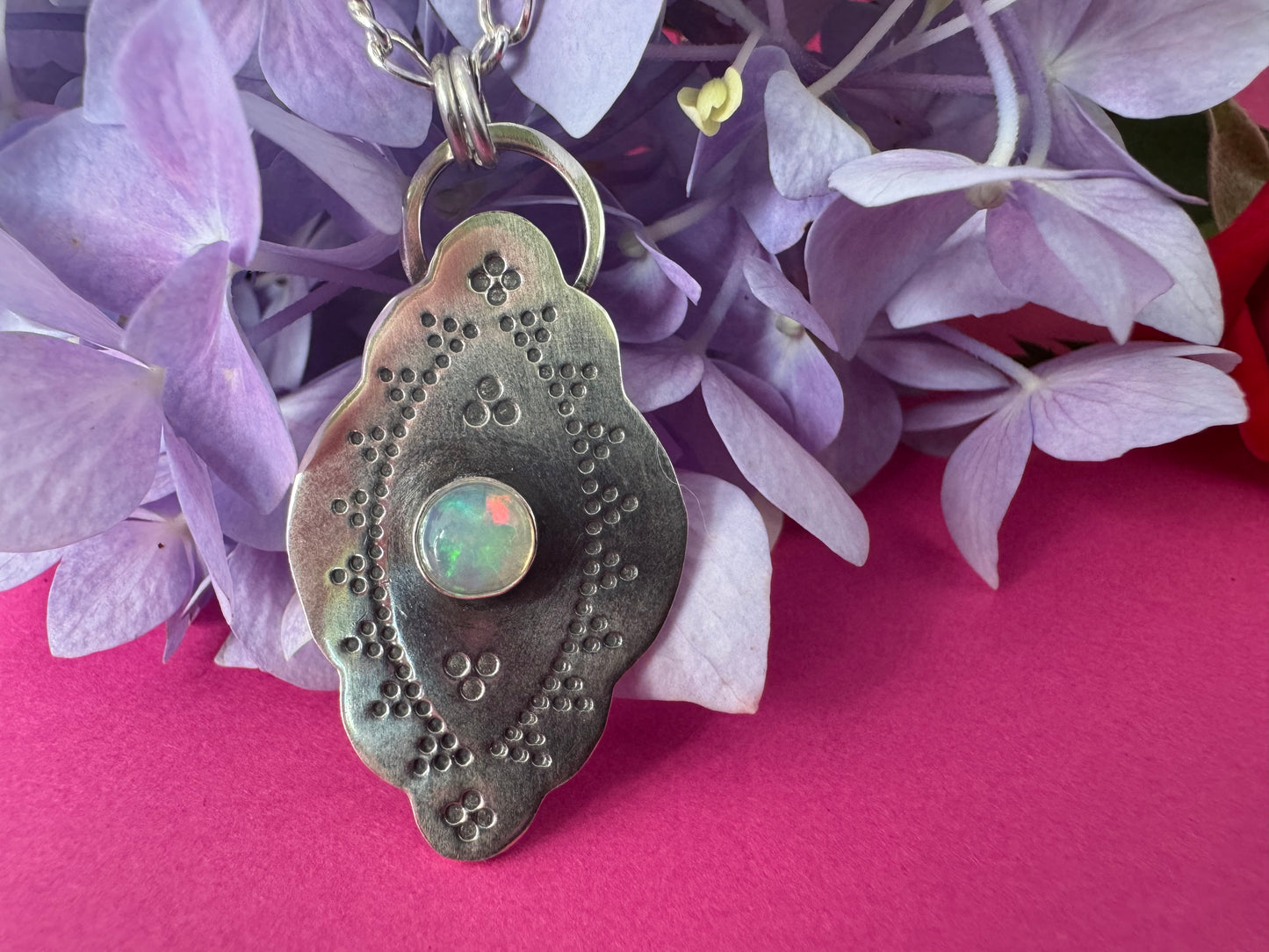 Ethiopian Opal & Sterling Silver Stamped Necklace