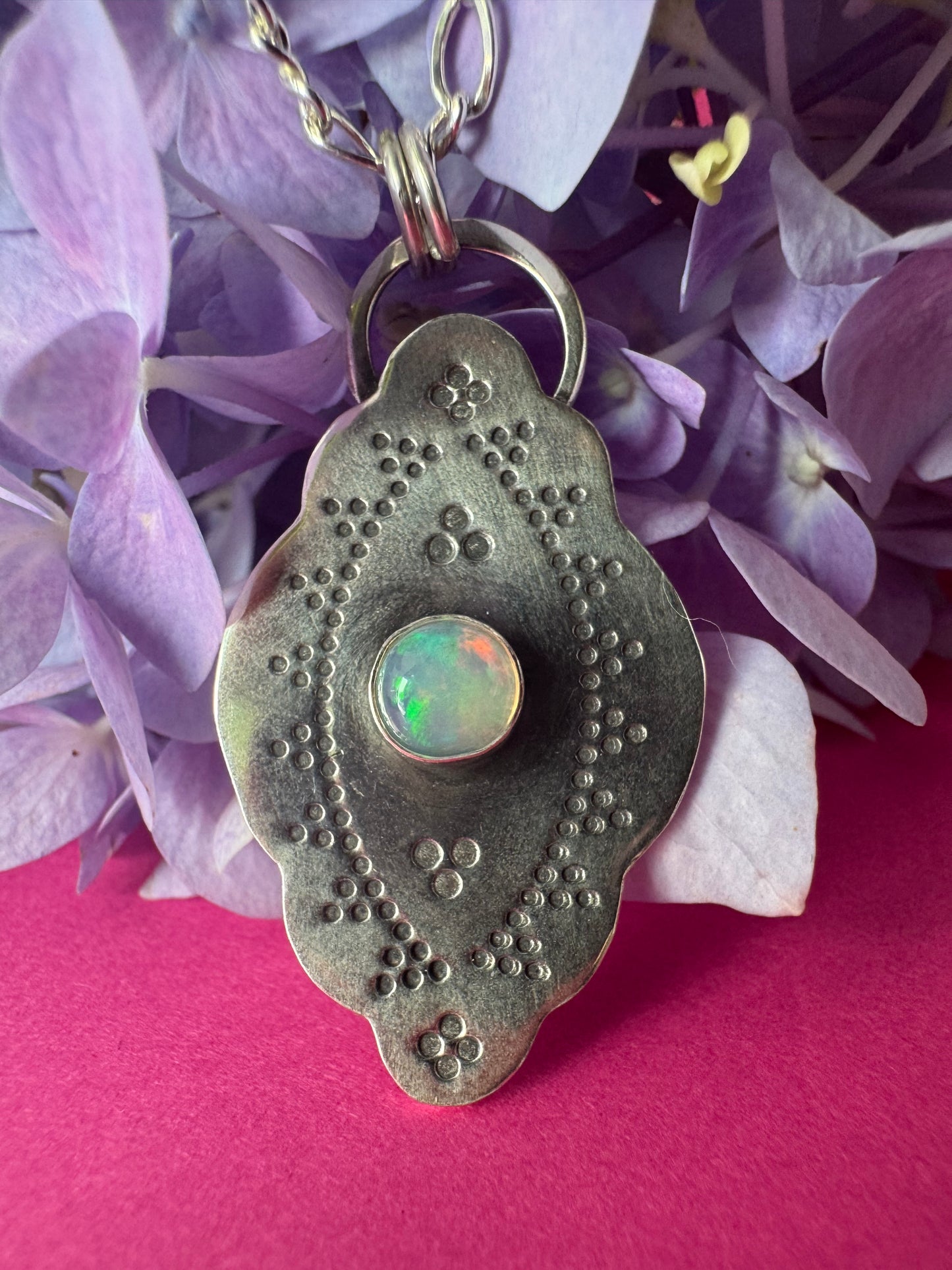 Ethiopian Opal & Sterling Silver Stamped Necklace