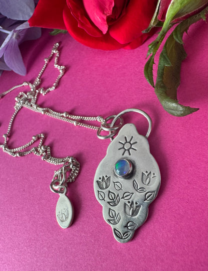 Ethiopian Opal & Sterling Silver Tulip Stamped Necklace