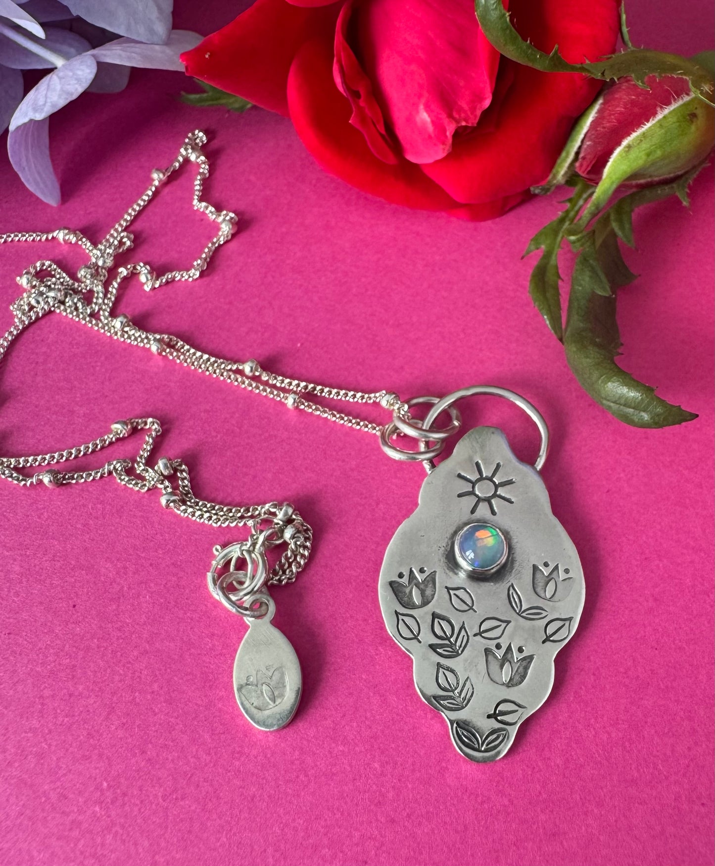 Ethiopian Opal & Sterling Silver Tulip Stamped Necklace