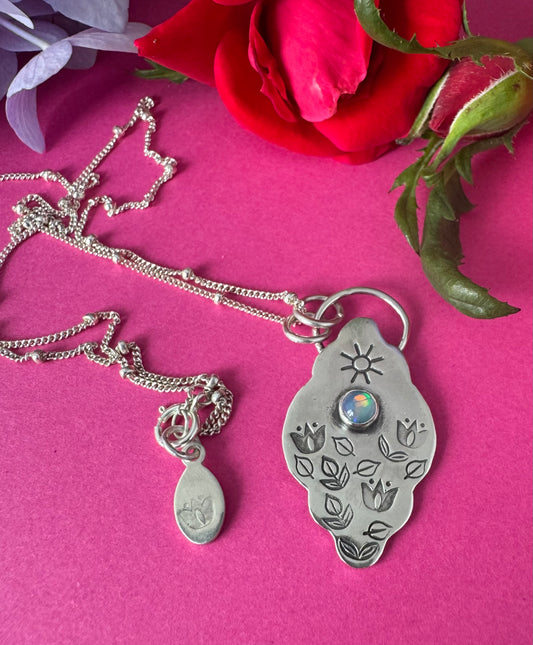 Ethiopian Opal & Sterling Silver Tulip Stamped Necklace