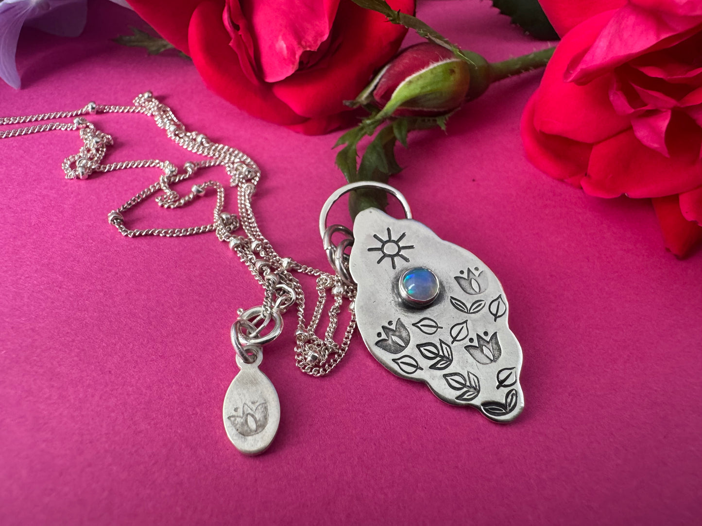 Ethiopian Opal & Sterling Silver Tulip Stamped Necklace