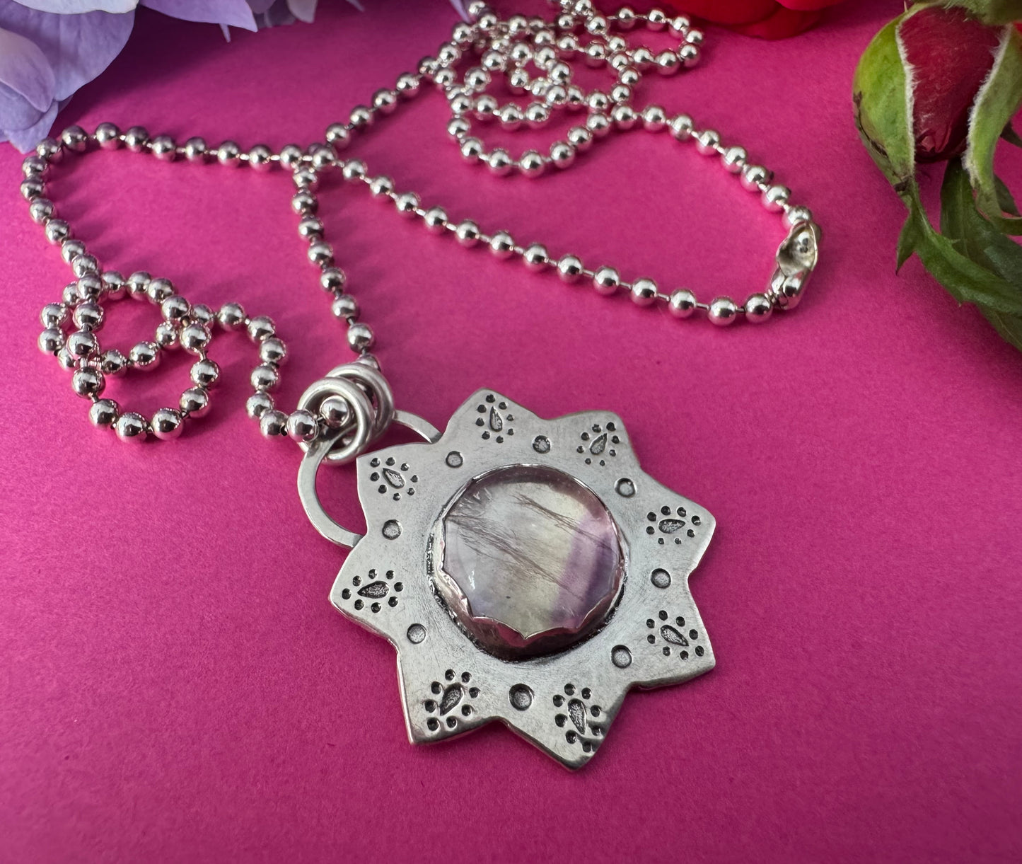 Rainbow Fluorite & Sterling Silver Sun Necklace